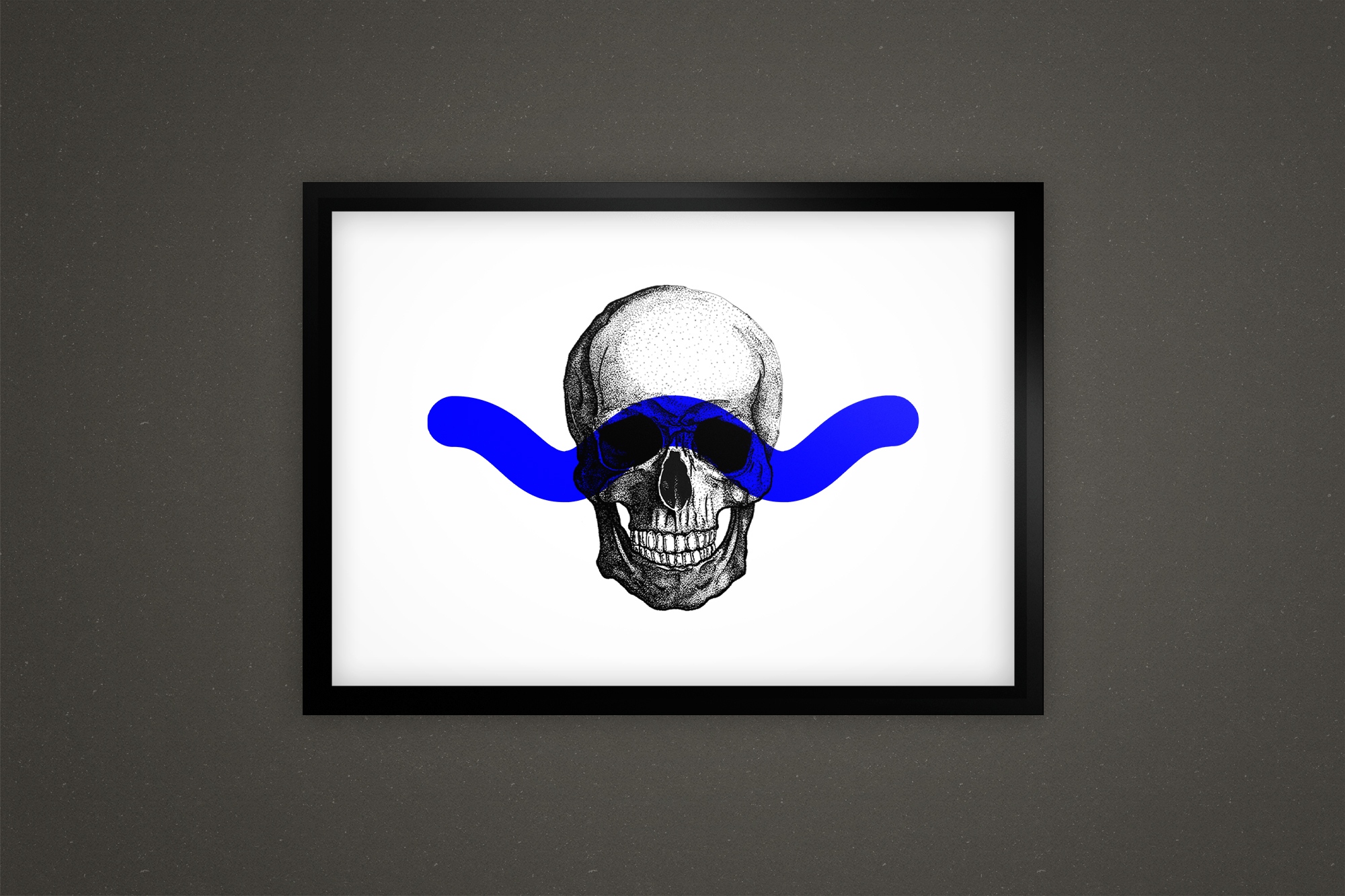Skull's Head Illustration board on frame on the wall with blue